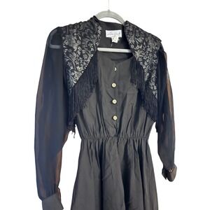 Vintage Lilia Smitty Black Dress Brocade Fringe Sheer Sleeve Western Style 5/6
